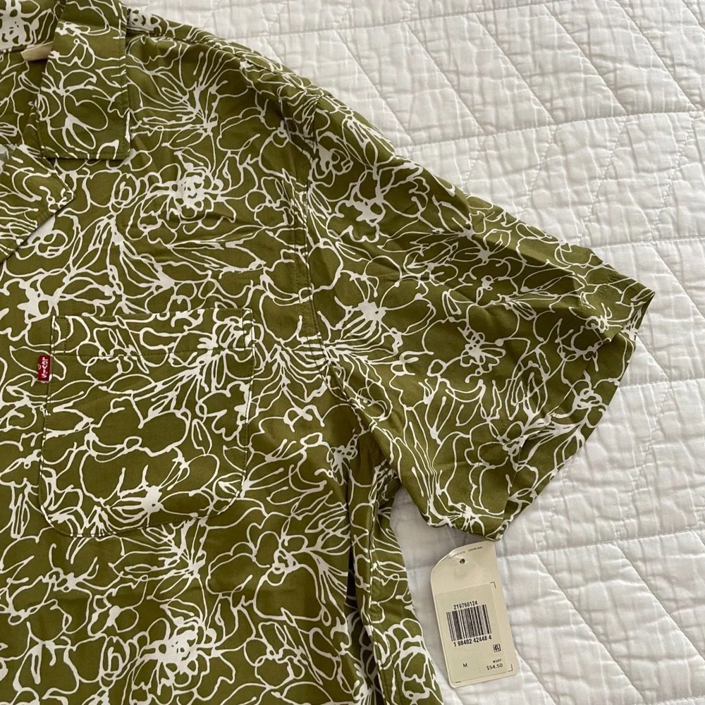 Levis Mens Relaxed Fit Short Sleeve Floral Button Up Shirt Olive Green M NEW